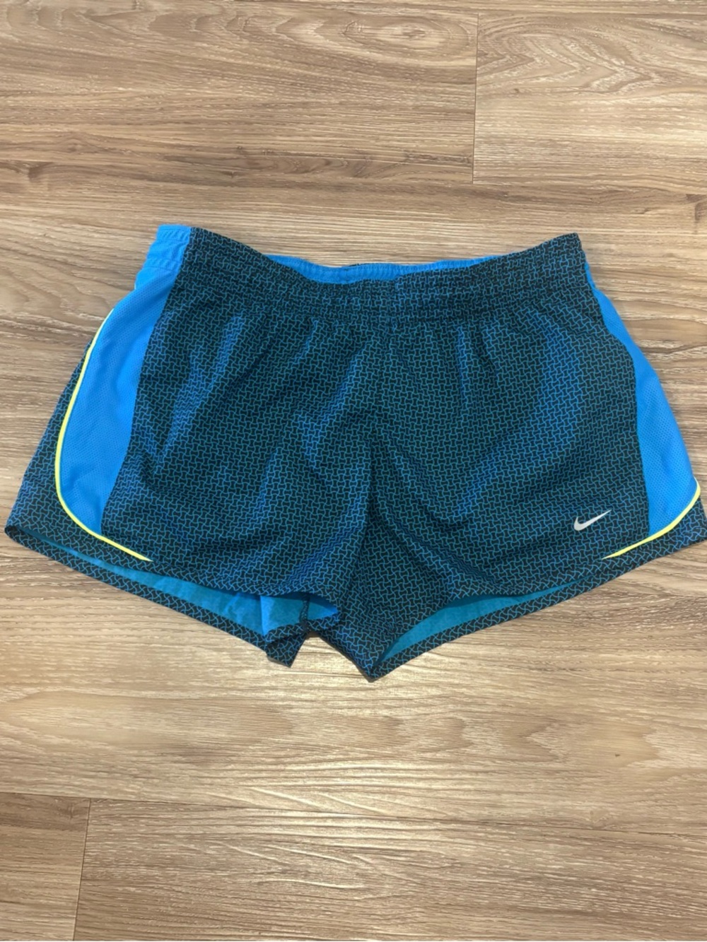Nike Women's Blue & Black Athletic Shorts with Neon Trim Medium